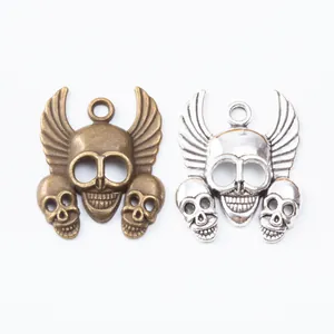Retro zinc alloy skull pendants with wings in bronze and silver finish for DIY jewelry