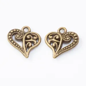 Retro bronze heart-shaped pendants with vintage filigree patterns for DIY jewelry making
