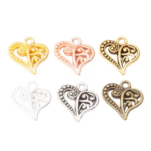 Set of six heart hollow-out vintage alloy pendants in diverse metallic color finishes