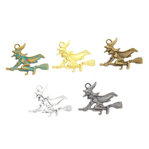 Set of 5 witch on broomstick pendants in bronze, gold, and silver finishes for DIY jewelry