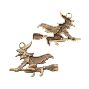 Vintage bronze witch on broomstick charms for DIY jewelry and Halloween crafts