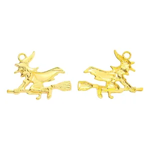 Golden vintage witch riding broomstick alloy charms for DIY jewelry and crafts