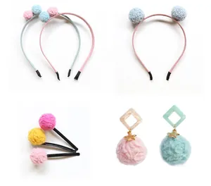 Detail showing colorful wool felt balls on headbands and hair clips for DIY crafts
