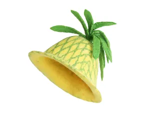 Close-up of handmade wool felt pineapple hat showing detailed yellow texture and green leaves