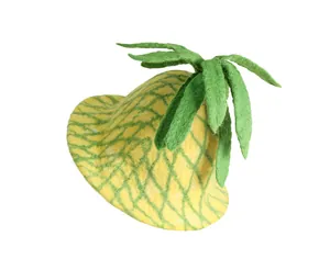 Close-up of handmade wool felt sauna hat featuring creative yellow pineapple texture design