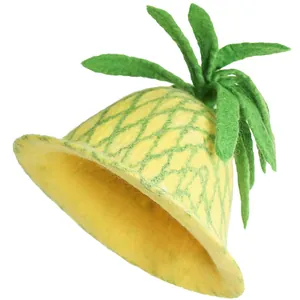 Handmade wool felt pineapple hat with vibrant yellow base and green leaves for women