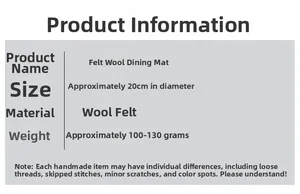 Detailed specifications of handmade 20cm wool felt ball coaster and placemat features
