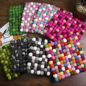 Handmade Nepal Wool Felt Ball Coaster Square Heat Insulated Place Mat Nordic Colorful Felt Ball Trivet For Home Dining Table Decor