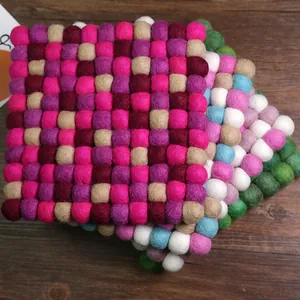 Handmade square wool felt ball coaster in mixed vibrant colors for heat insulation