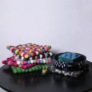 Handmade colorful square wool felt ball coasters and heat-resistant table mats for home decor