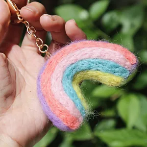 Handmade rainbow wool felt keychain with gold ring for headphone cases or bags