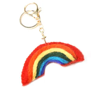 Handmade rainbow wool felt keychain with colorful stripes and golden lobster clasp