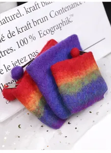 Macro detail of handmade wool felt coin purses with rainbow gradient and metal zipper closure