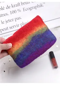 Close-up of handmade rainbow wool felt coin purse with soft gradient texture and fiber detail