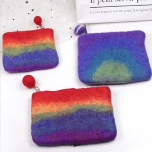 Handmade Wool Felt Rainbow Gradient Coin Purse Cute Mini Zipper Storage Pouch For Women Girls Jewelry Card Holder Bag