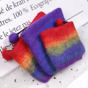 Handmade rainbow wool felt coin purse set with gradient colors and metal zipper