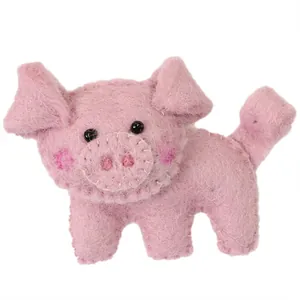 Handmade pink wool felt pig brooch for women with cute 3D ears and stitch details