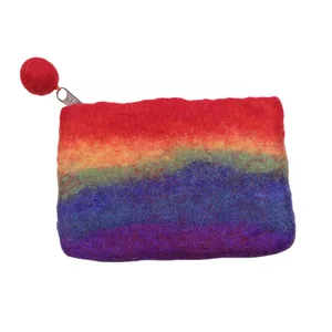 Handmade rainbow wool felt coin purse with a soft texture and red pompom zipper