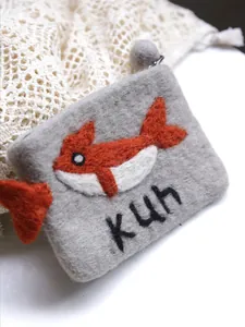 Handmade light grey wool felt coin purse with orange fish embroidery and a zipper puff