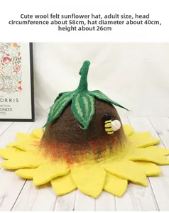 Detail of wool felt sunflower hat with cute 3D bee accent and warm textures