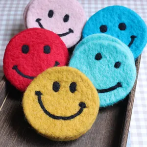 Cute Smile Face Wool Felt Cup Coaster Round Heat Insulated Table Mat Minimalist Home Decoration Photography Props
