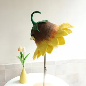 Cute sunflower wool felt dome hat with yellow petals and bee detail for winter warmth