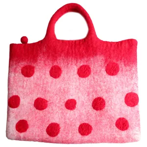 Pink gradient wool felt tote bag with large red polka dots for laptop and commuting