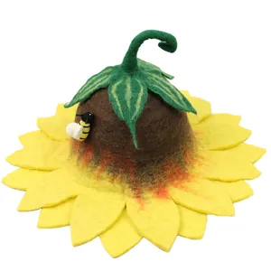 Handmade wool felt sunflower hat in brown and yellow with cute bee and green leaves