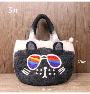 Detail showing wool felt cat tote bag dimensions 34cm width and 24cm height