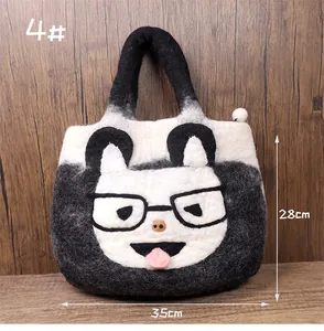 Detail view of cute panda wool felt tote bag showing 35cm width and 28cm height dimensions