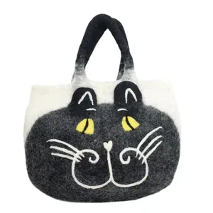 Cute wool felt cat tote bag in beige and grey with needle-felted whiskers and ears
