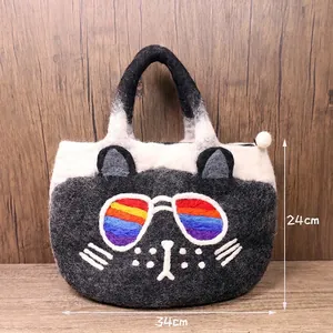 Handmade cat head wool felt tote bag with rainbow sunglasses embroidery 34cm x 24cm
