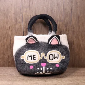 Cute black cat felt tote bag with glasses, 34cm width, urban style for daily commute