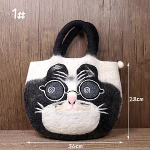 Cute felt tote bag with glasses cat design, size 36x28cm, handmade wool style handbag