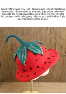 Dettaglio cappello fragola in feltro di lana mostra texture per testa da 56-58 cm