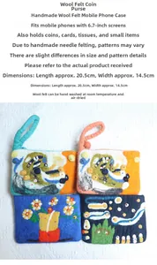 Macro detail of handmade wool felt phone pouches showing floral patterns and 20.5x14.5cm size