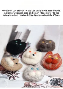 Macro display of assorted handmade wool felt cat brooches in various colors and styles