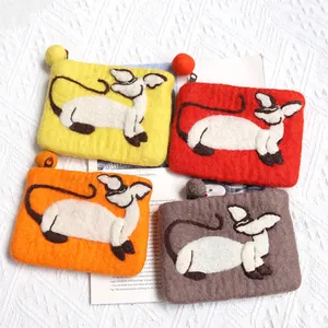 Handmade Wool Felt Cat Coin Purse Personalised Literary Style Embroidered Small Zipper Wallet For Women Card Holder Pouch