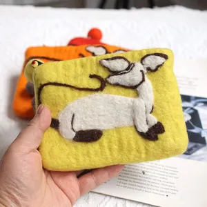 Handmade wool felt coin purse with sheep pattern, small yellow portable storage bag