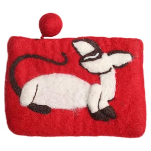 Handmade red wool felt coin purse featuring a Siamese cat design and pompom zipper pull