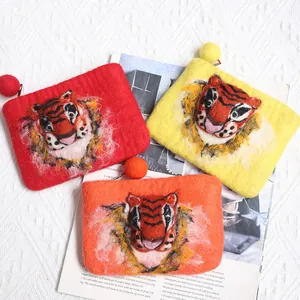 Handmade Wool Felt 3D Tiger Head Coin Purse Cute Animal Zipper Mini Pouch Card Holder For Kids And Women Daily Use Bag