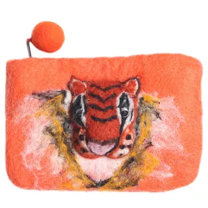 Handmade orange wool felt coin purse featuring a 3D tiger head design with fiber texture