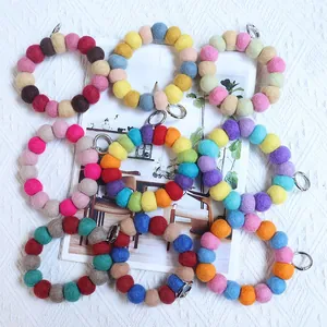 Handmade Colorful Wool Felt Ball Keychain Cute Macaron Soft Pom Pom Wrist Strap Bag Charm Accessories For Women Girls