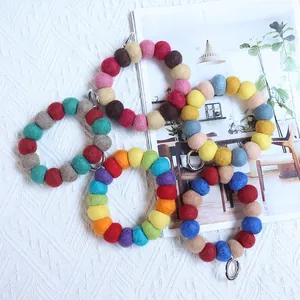 Handmade colorful wool felt ball keychain wristlet set with silver metal rings for bags