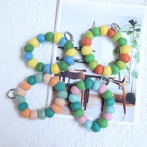 Handmade colorful wool felt ball keychain ring with metal clasp for bag decoration