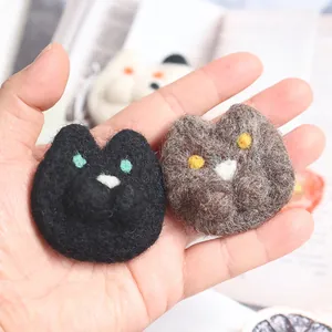 Handmade wool felt cat brooch set in black and grey, cute animal craft accessory