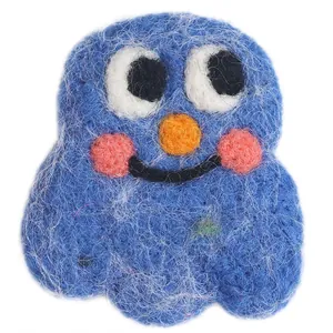 Handmade blue wool felt cartoon monster brooch pin with cute eyes for clothes