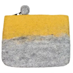 Morandi two-tone wool felt coin purse with yellow grey stitching and zipper ball