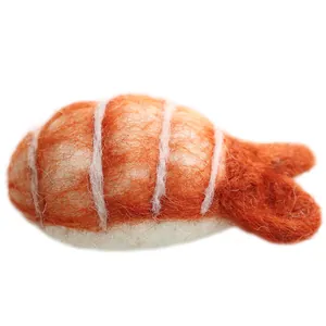 Handmade wool felt shrimp sushi keychain ornament with realistic fiber texture on white