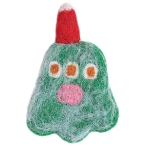 Cute green handmade wool felt monster brooch with red hat and fuzzy texture